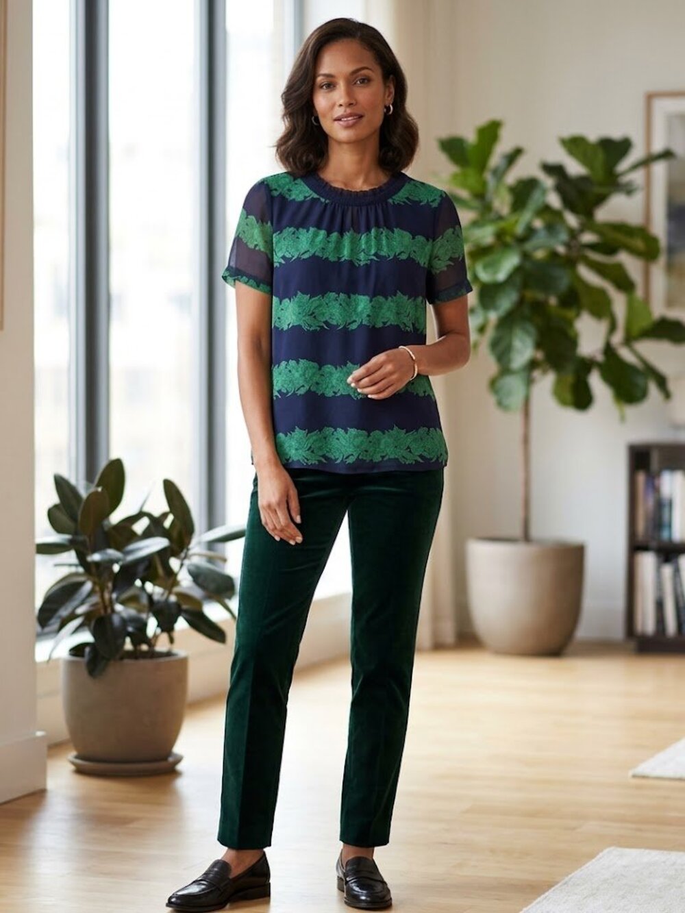NEW Silk Ruffle Sheer Floral Blue/Green Beanstalk Stripe Print Blouse